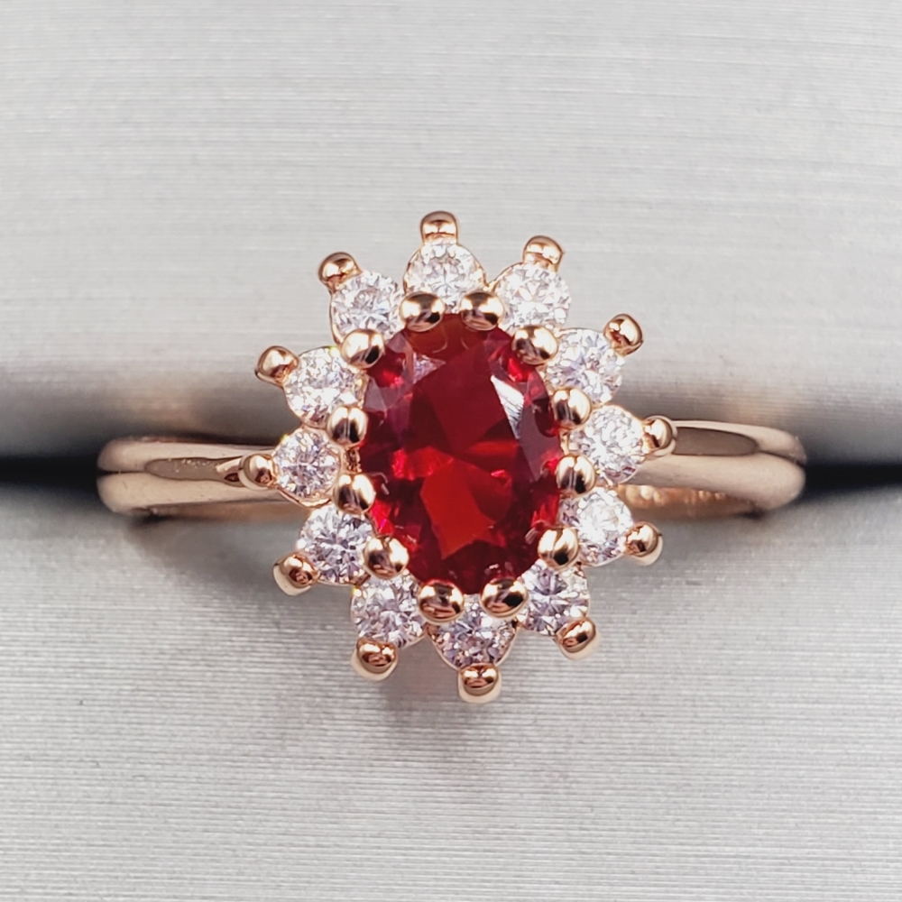 Red Oval Cut Ruby Simulant 18k Pink Rose Gold Tone Diamond Simulants Halo Ring